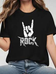 Women's Casual T-Shirt 002 | Women's Plus Size Crew Neck Casual T-Shirts, Rocker Style With Printed Designs, Ideal For Spring And Summer, 100% Durable Cotton - 黑色 - 查看 6