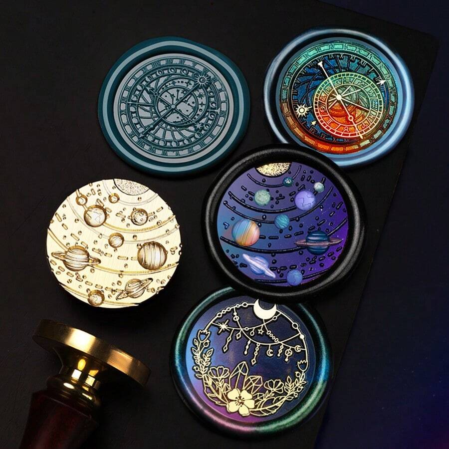 1 Stück Astronomie Serie Wachssiegel Stempel, Muster von Uhr, Kompass usw. für Umschläge, Grußkarten, Lesezeichen, DIY Basteleien, Geschenkdekoration Wachssiegel