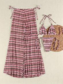 3pcs/Set Pink Striped Halter Bikini, Mesh Wide Leg Cover Up, Sexy Vacation Style Swimwear - Multicolor - View 4