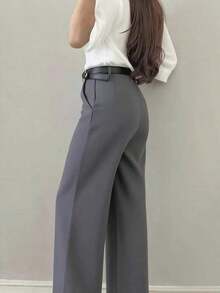 Pantalones casuales de pierna acampanada con diseño minimalista para mujer, adecuados para ir al trabajo, la oficina, uso diario, todo el año, color rosa primaveral - Gris - Ver 2