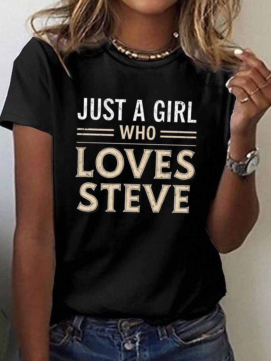 Camiseta de Mujer 100% Algodón con Estampado de Steve - Camiseta Casual de Manga Corta y Cuello Redondo - Prenda versátil adecuada para primavera y verano, lavable a máquina, camiseta básica con estampado de Steve, ideal para la oficina y el uso diario casual. - Negro - Ver 1