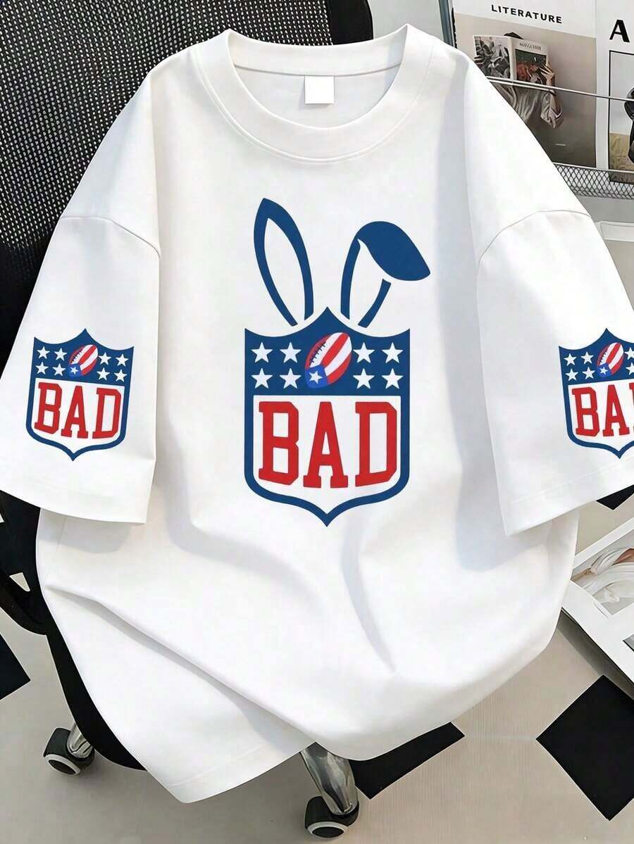 Women's T-Shirt With The Phrase "BAD", White T-Shirt With Rabbit And American Football Design - 白色 - 查看 1
