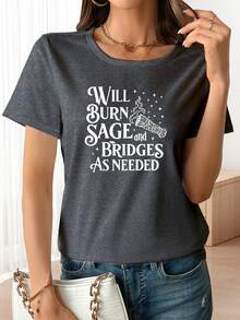 Limited Edition Women's Lightweight Breathable Cotton T-Shirt With Burning Sage And Broken Bridge Print - Short-Sleeve Crew Neck Tee Made Of Soft, Breathable, Medium-Stretch Fabric With A Sage Print Design, Suitable For The Office And Casual Summer Wear - Casual Summer Garment (Machine Washable) Lightweight Cotton - 藍色 - 查看 9