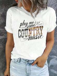 Women's Printed Country Music Festival Style Letter Print T-Shirt, Crew Neck, Short Sleeve, Casual, With Country Music Graphics, Women's T-Shirts. American Casual Night - 白色 - 查看 1