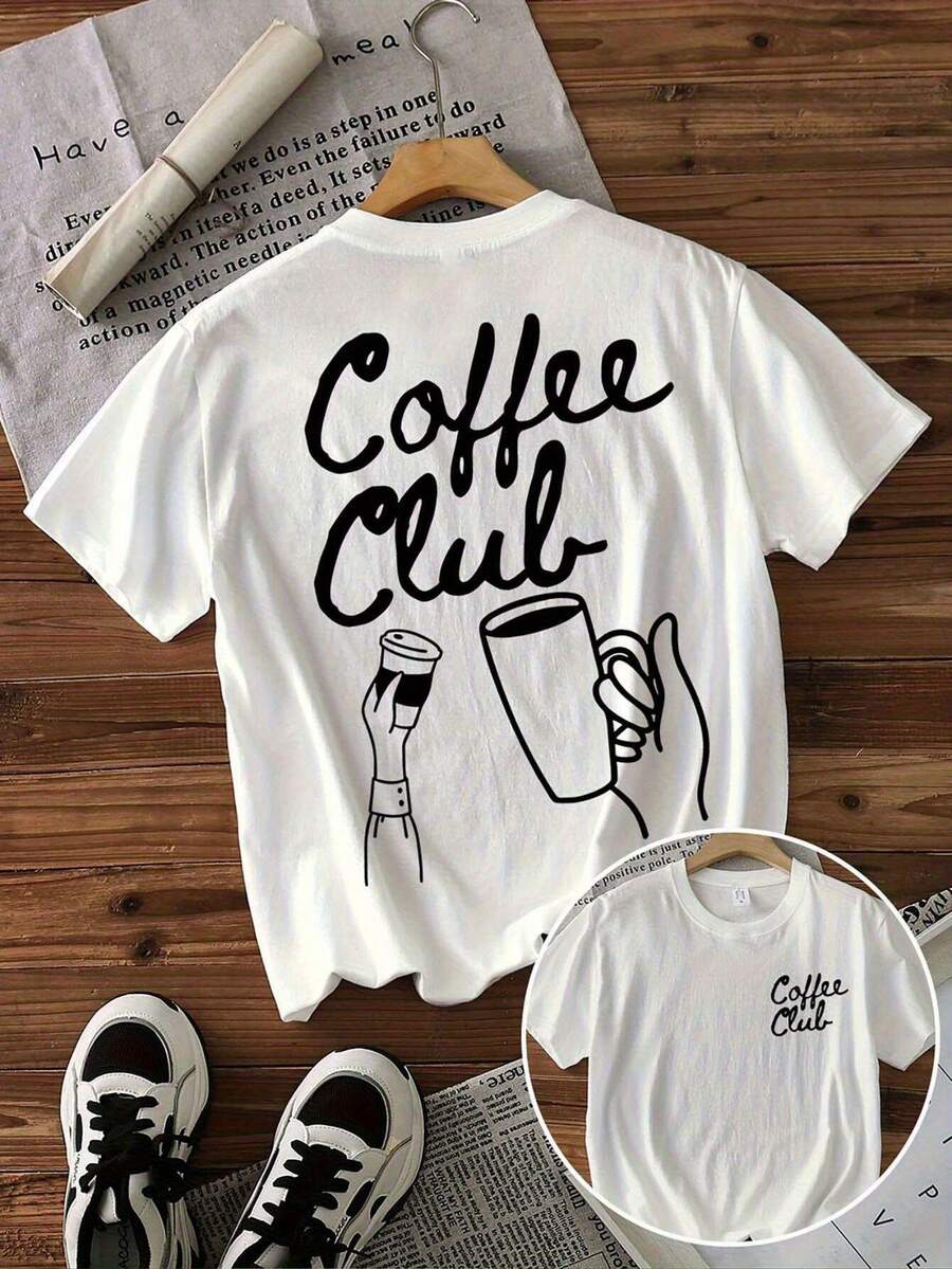 Women's Coffee Club Graphic T-Shirt - Casual Cotton Short Sleeve Crew Neck T-Shirt With Black Lettering And Coffee Cup Design, Beige, Machine Washable, Style Y2k - 白色 - 查看 1