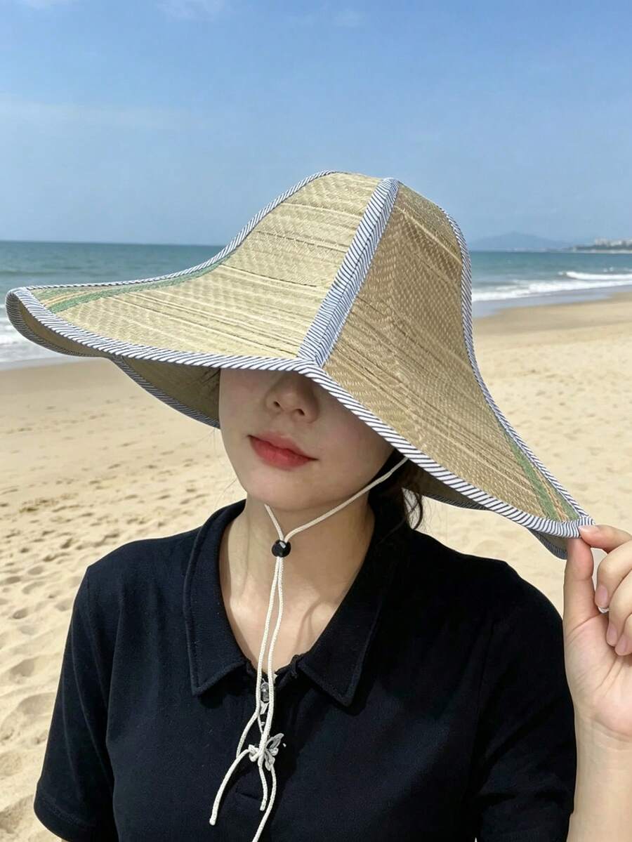 1頂可折疊編織草編海灘帽，復古波西米亞寬簷遮陽帽，輕便便攜防紫外線帽，純色編織夏季帽，適用於度假旅行園藝露營戶外活動海灘假期配件