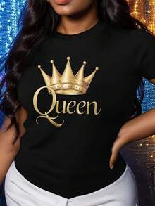 Black T-Shirt With Gold Queen Crown Print - Simple Casual Style - 100% Pure Cotton - Soft And Comfortable, Crew Neck, Short Sleeve, Urban Fashion Top For All Seasons, Casual Streetwear | Y2k Crew Neck T-Shirt - 黑色 - 查看 9