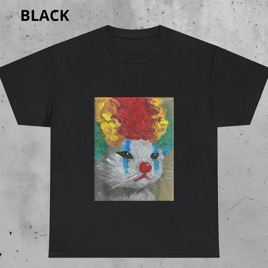 Clown Cat Sad Meme T-Shirt  Viral Internet Kitty Tee  Funny Jester Pet Shirt  Novelty Graphic Humor Gift for Cat Lovers220g heavyweight 100% cotton T-shirt. Butterfly print. Unisex sizing. Round neck inspirational T-shirt. Cute and beautiful Y2K-inspired summer top, perfect for the outdoors, home, work, or street wear. Casual, loose-fitting everyday T-shirt. - Negro - Ver 1