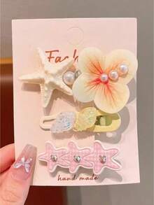Juego de 3 pinzas para el cabello estilo oceánico para adolescentes, decoradas con estrellas de mar y flores, pinzas de cocodrilo con decoración de conchas y lazos lindos, accesorios para el cabello hechos a mano para vacaciones de verano en la playa y uso casual diario - Multicolor - Ver 6