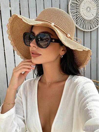 1pc Women's Khaki Wavy Beach Sun Hat With Faux Pearl & Bow Decor, Elegant Beach Travel Vacation UV Protection Wide Brim Foldable Sun Hat