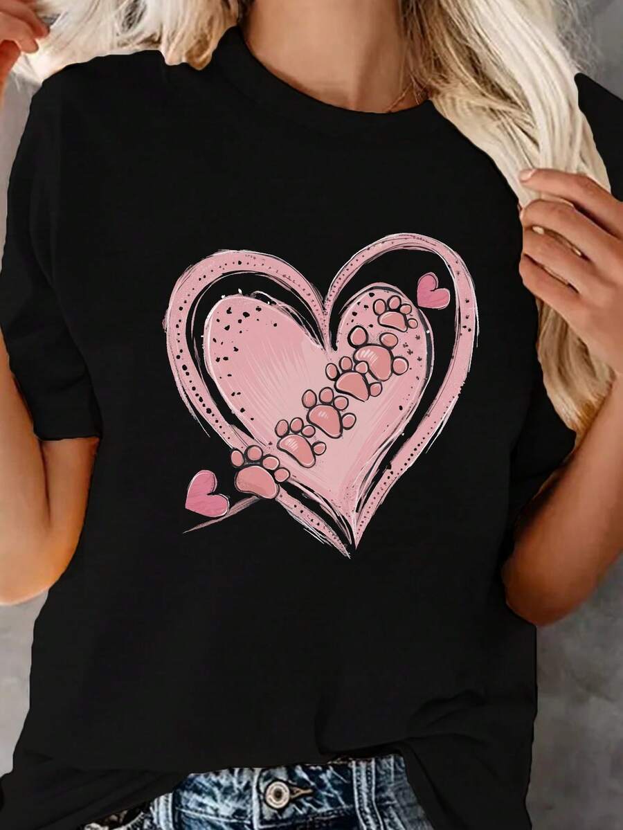 Heart With Paw Prints, Code US06, Short Sleeve Clothing For Women - Unisex Urban Vintage Style Loose Cotton Short Sleeve T-Shirt With Round Neck. - 黑色 - 查看 1