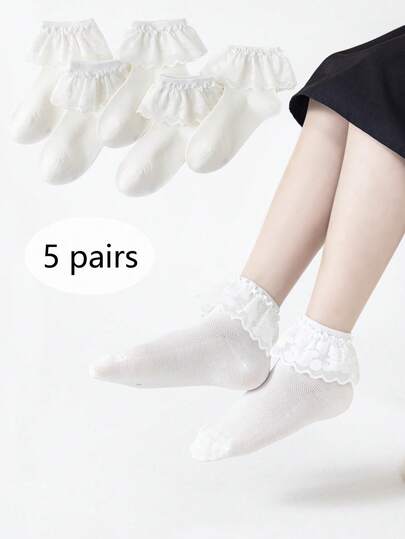 5 Pairs Girls' Lace Trim Ankle Socks, Breathable & Versatile, White Princess Style, Casual Daily Wear, Spring/Summer