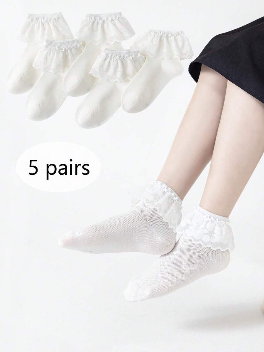 5 đôi tất cổ ngắn viền ren cho bé gái, thoáng khí và đa năng, kiểu công chúa màu trắng, thích hợp mặc hàng ngày, mùa xuân/hè. - trắng - Xem 1