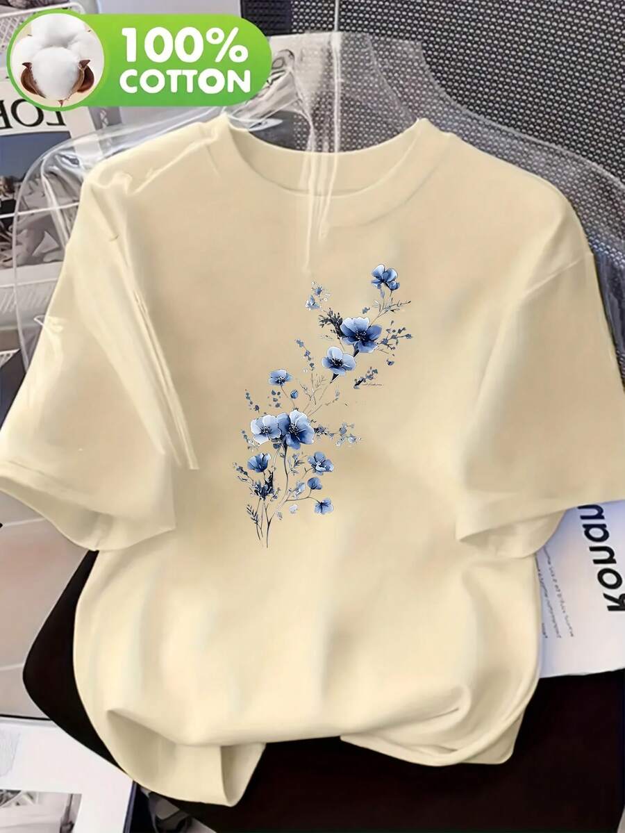 Women's Plus Size High Quality Pure Cotton T-Shirt With Plum Blossom Print, Round Neck, Short Sleeve, Comfortable For Home, Ideal For Summer. - 杏色 - 查看 1