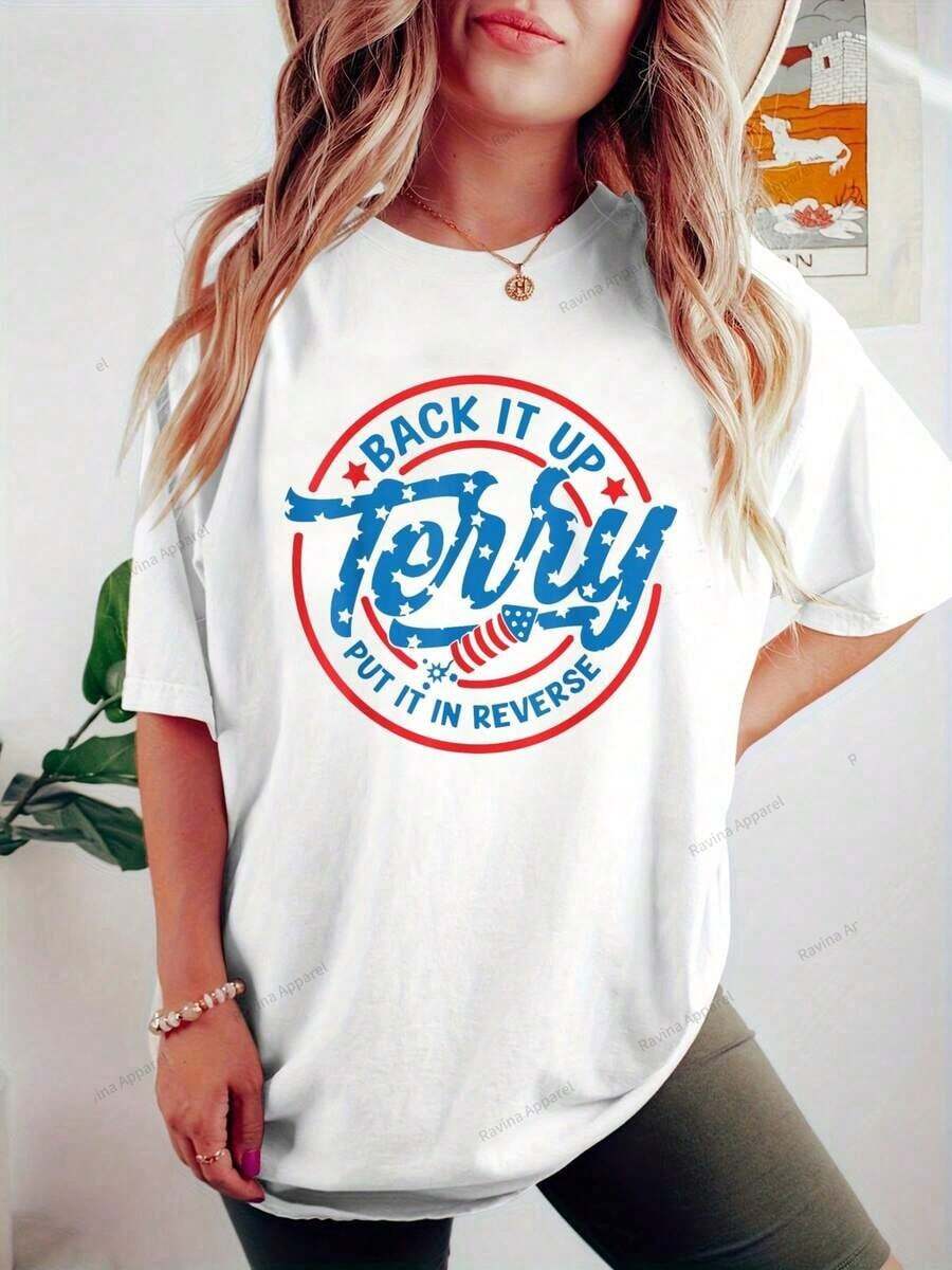 GraphicBack It Up Terry Put It In Reverse Fireworks Fun 4th Of July T-Shirt - Camisetas de Verano 100% Algodón, Ropa de Oficina para Mujer, Camisas de Mujer Lindas, Camisetas para Mujer para Vacaciones - Blanco - Ver 1