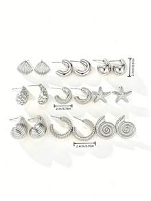 2-18pcs/Set Fashion Gold Starfish, Shell, Smooth Water Drop, Textured C-Shape Earring Set, Suitable For Summer Travel And Vacation Wear - Yellow Gold - View 3