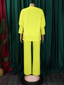 Conjunto otoñal para mujer de color liso con top de cuello oblicuo y pantalones de pierna ancha - Amarillo - Ver 2