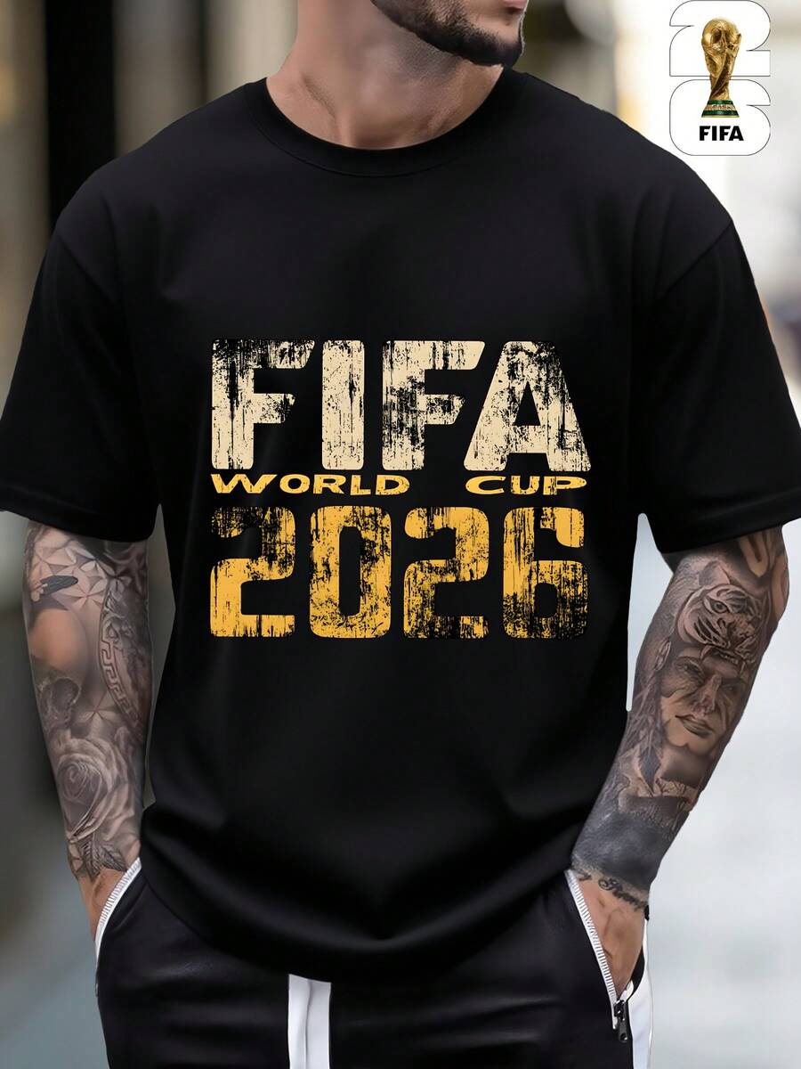[FIFA World Cup Licensed] Unisex Short Sleeve T-Shirt, Classic Round Neck Couple Tee, Soft Premium Fabric, Comfortable Versatile Top For Sports & Dail - 黑色 - 查看 1