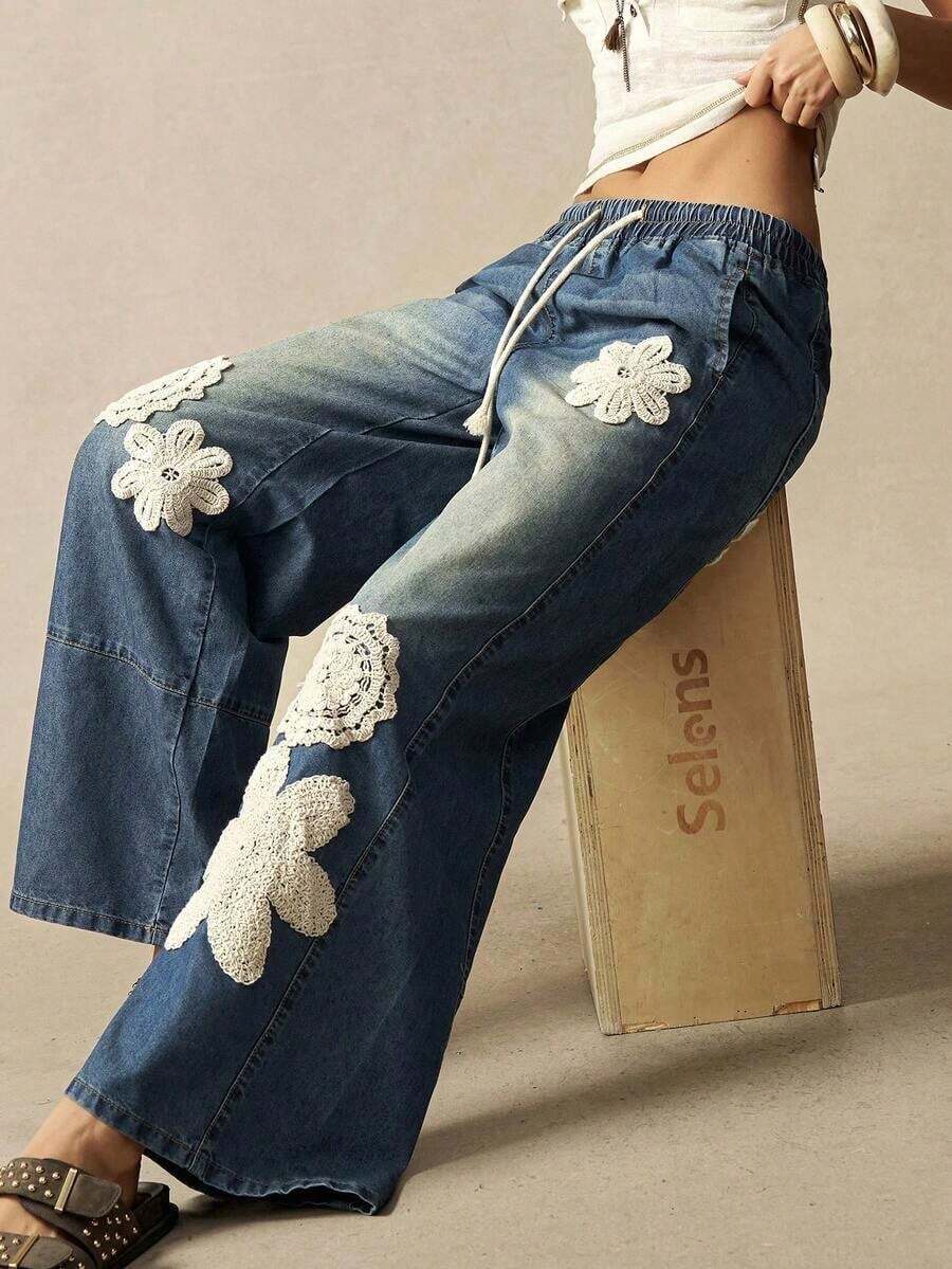 Jeans anchos de pierna ancha de unicolor tejidos informales para mujer - Azul - Ver 1