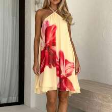 Elegant Backless Camisole Dress - Cream Fabric With Bold Red Floral Pattern, Perfect For Romantic Dates And Summer Gatherings - Orange - View 5