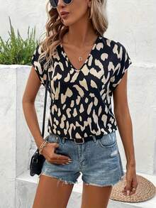 Women's Casual Daily Leopard Print V-Neck Batwing Sleeve Blouse, Summer - Multicolor - View 3