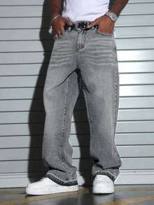 Jeans de pierna ancha de estilo urbano para hombres - Gris Claro - Ver 1