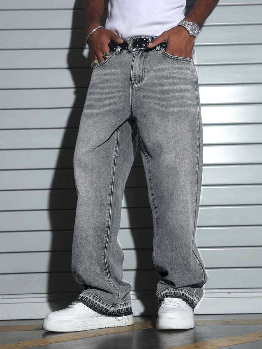 Jeans de pierna ancha de estilo urbano para hombres - Gris Claro - Ver 1