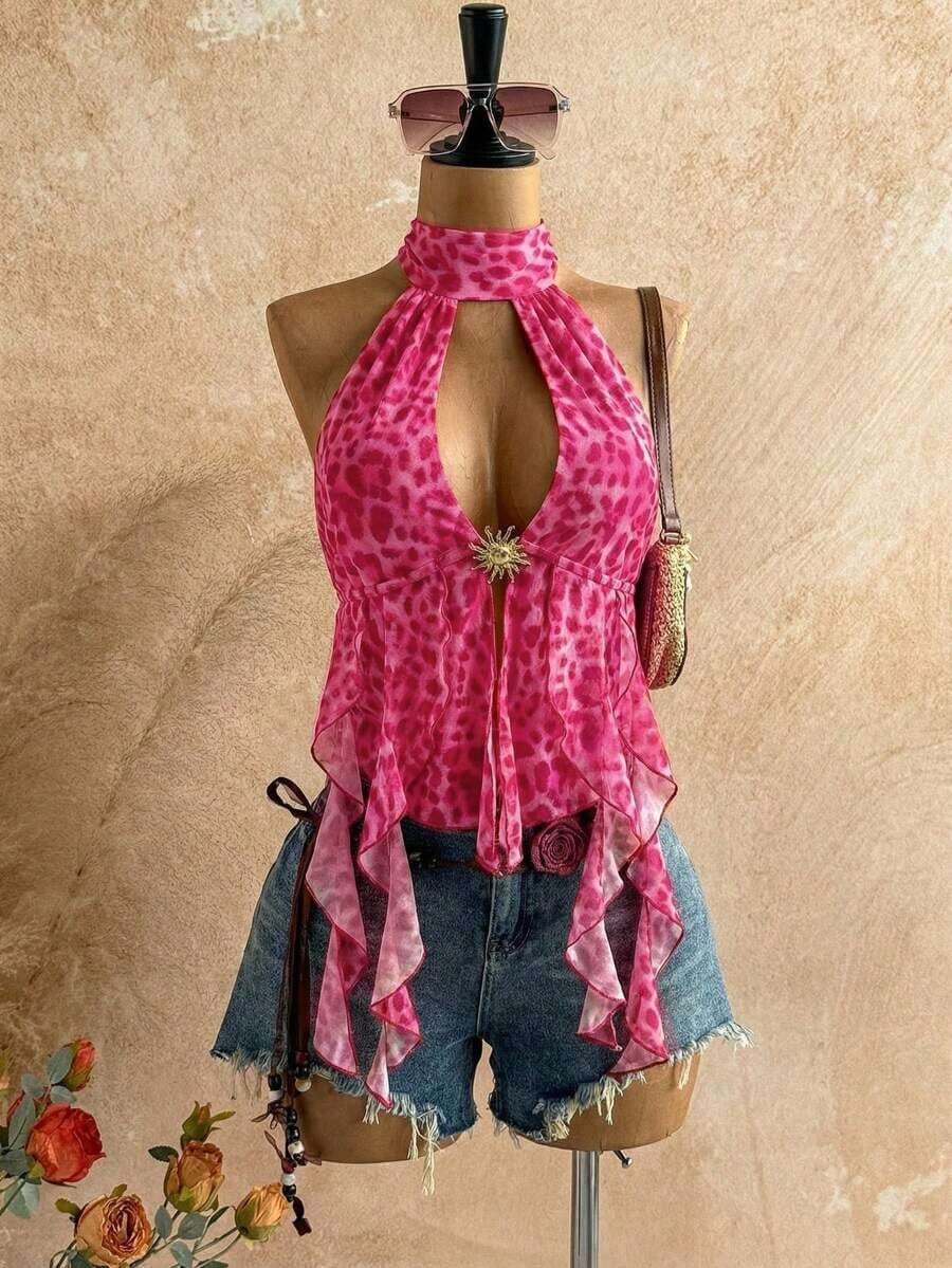 Blusa de mujer con encaje bordado, escote halter, espalda descubierta, tirantes con lazo, bajo fluido y elegante, adecuada para la playa, cruceros y resorts - Rosa Fucsia - Ver 1