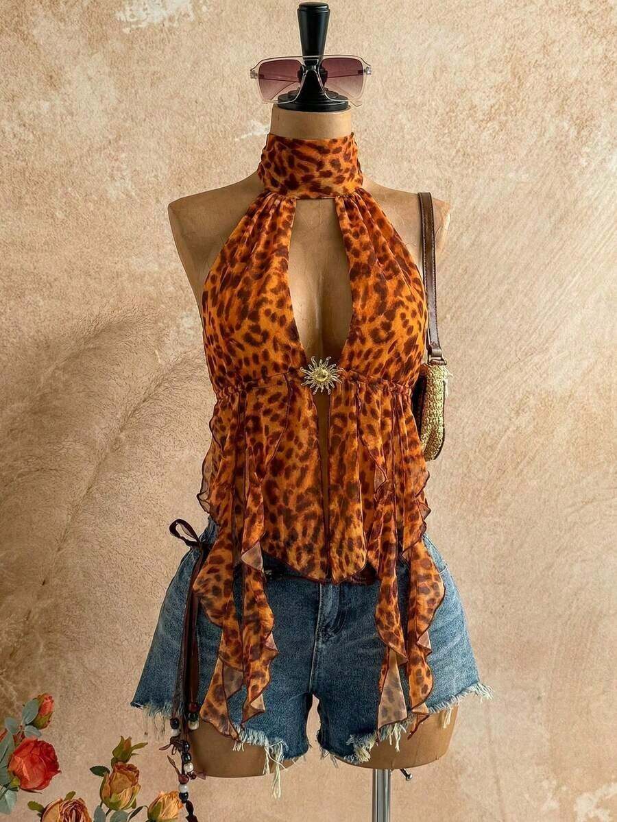 Blusa de mujer con encaje bordado, escote halter, espalda descubierta, tirantes con lazo, bajo fluido y elegante, adecuada para la playa, cruceros y resorts - Naranja - Ver 1