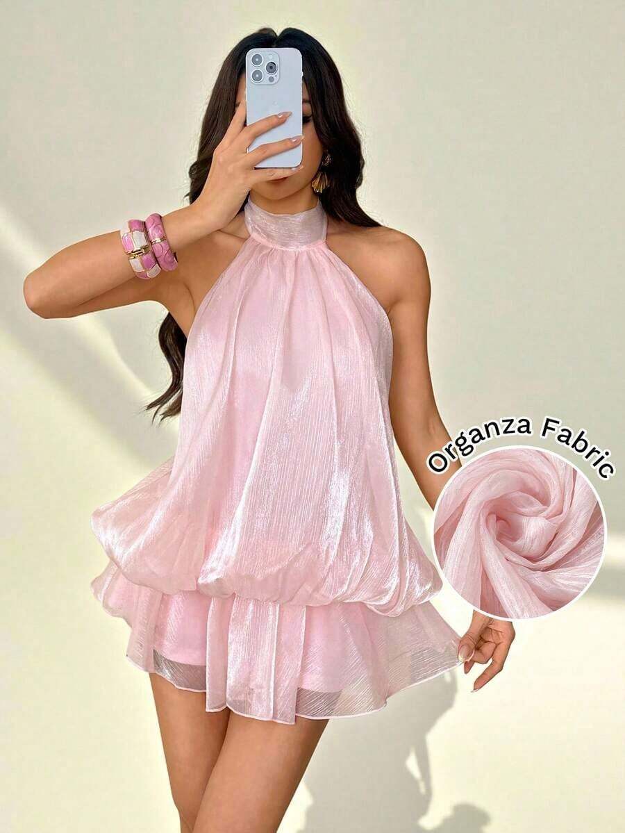Vestido mini elegante de mujer con cuello halter y lazo en color beige - Rosa Pálido - Ver 1