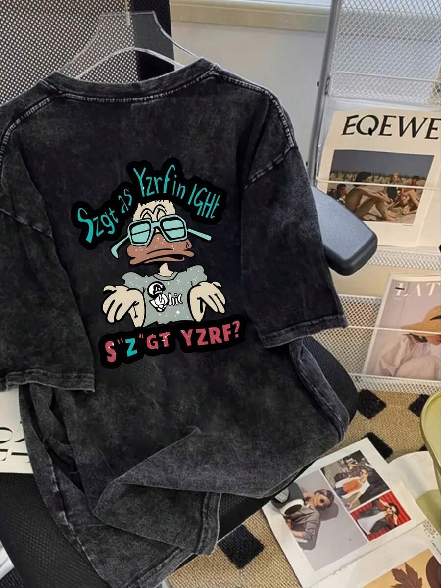 Camiseta vintage estampada de dibujos animados estilo Y2K para mujer - Cuello redondo casual, manga corta, ajuste regular, moda versátil para primavera/verano/otoño, camiseta casual de verano | Camisa ajustada relajada | Sin relleno - Negro - Ver 1