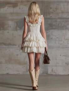 Mini falda sin mangas con volantes de encaje de chiffon blanco retro - Blanco - Ver 4