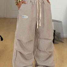 Women's Plus Size Summer Going Out Outfit Casual Streetwear Mid Rise Wide Leg Elastic Waistband  Letter Graphic Drawstring Waist Pocket Striped Pleated Pants Oversized Inclusive Sizing Pant - Azul y blanco - Ver 2