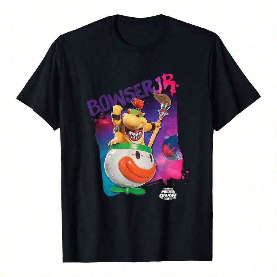 Camiseta casual de manga corta con cuello redondo, con estampado de Galaxy Bowser Jr. Tomando el control, adecuada para usar durante... - Negro - Ver 1
