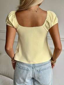 Conjunto de verano con blusa de cuello cuadrado, mangas abullonadas y lazo delantero - Amarillo - Ver 6