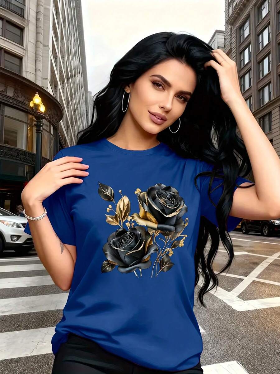 Soft 100% Cotton T-Shirt. A Stylish And Breathable T-Shirt With A Luxurious Vintage Design And A Black And Gold Rose Pattern, Perfect For Family Trips, College Events, Casual Wear, Daily Commutes, Matching Sister Outfits, And Versatile Use. Breathable Cotton T-Shirt, Goes With Everything. - 藍色 - 查看 1