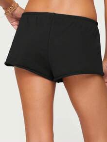 Women's Summer Drawstring Shorts Solid Color Low Waist Casual Breathable Short Pants - Black - View 4