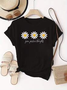 Plus Size - Plus Size - Three Purple Daisy Patterns And English Text Women'S Versatile T-Shirt - Negro - Ver 2