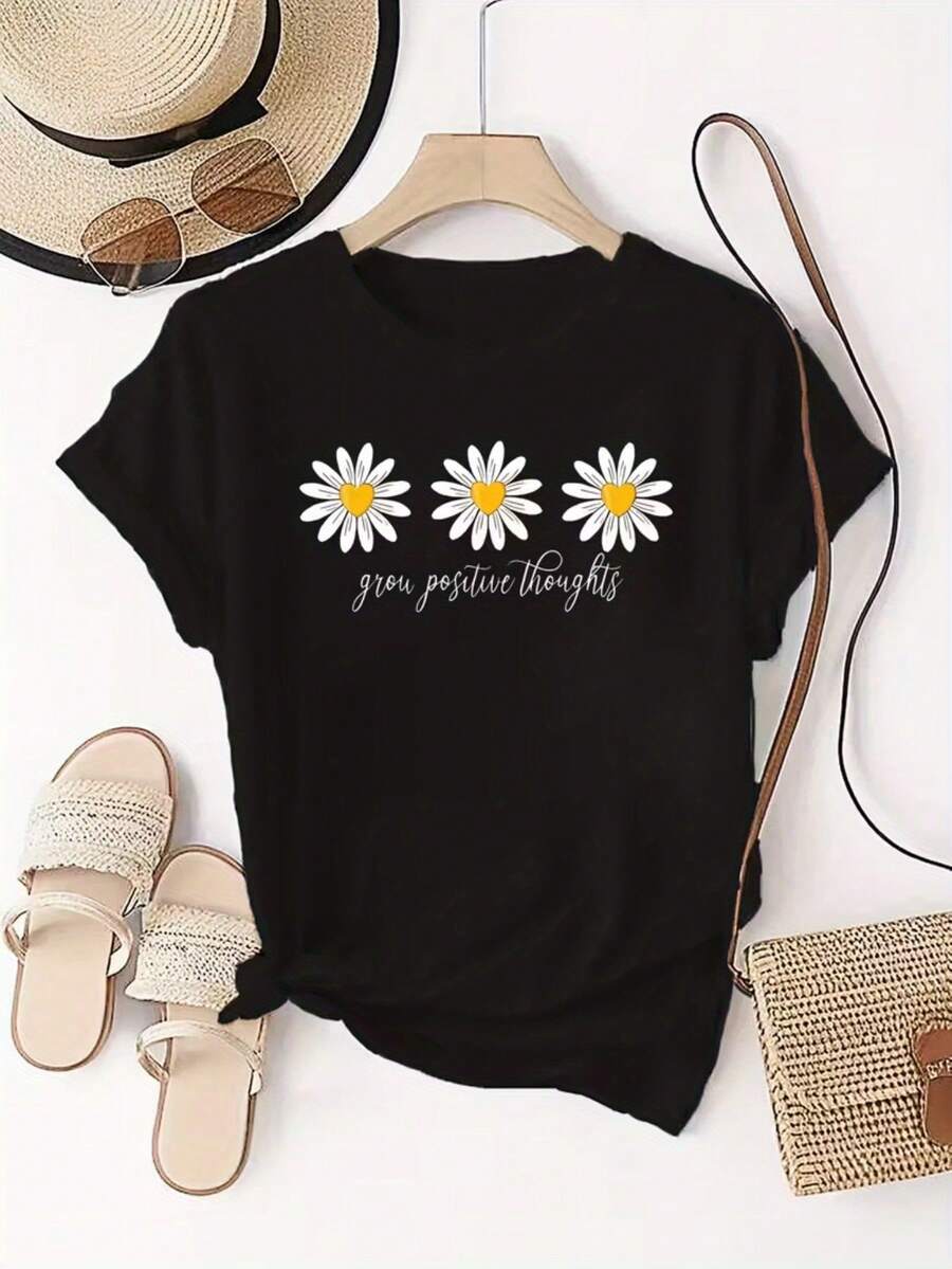 Plus Size - Plus Size - Three Purple Daisy Patterns And English Text Women'S Versatile T-Shirt