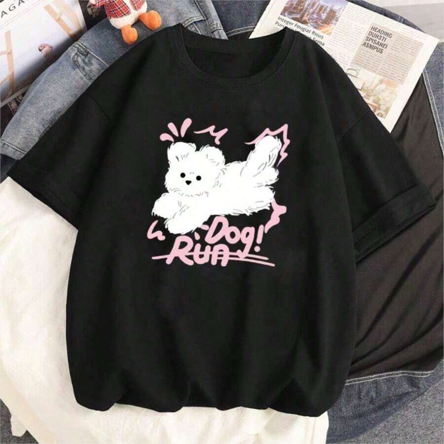 COOL SUMMER Women's Cartoon Fish Print T-Shirt, Soft Cotton, Short Sleeve, Vintage Style, Unisex, Loose Fit, Cotton, Round Neck, Casual Street Style, Blouses For Women, Women's T-Shirts, Casual Blouses For Ladies. - 黑色 - 查看 1