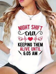 Camiseta Gráfica de Enfermera Nocturna para Mujer - Camiseta Casual Negra de Manga Corta con el Eslogan "Manteniéndolos Vivos Hasta las 6:30 AM", Diseño de Latidos del Corazón y Jeringa, Tejido Elástico Ligero, Corte Holgado para Primavera/Verano, Tallas S-3XL, Camiseta de Enfermera, Ropa para Trabajadores de la Salud, Camiseta Transpirable de Verano, Ropa Médica Divertida, Ropa para Personal Médico, Camiseta Y2k - Blanco - Ver 10