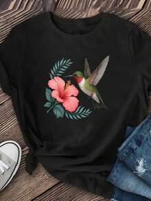 Camiseta casual de manga corta blanca para mujer, con decoración de colibrí y flores de colores Y2k Camiseta Camisa De - Blanco - Ver 10
