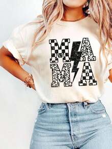 1 pieza de camiseta con estampado gráfico para mujer, camiseta estilo universitario para mamá, camiseta a cuadros para mamá, regalo para el Día de la Madre, sudadera con estampado de rayo para mamá, regalos de camiseta para el Día de la Madre para el cumpleaños de mamá, camiseta de manga corta con cuello redondo informal para mujer, 1 pieza de camisa de moda, regalo para mamá, regalo de Acción de Gracias, 180g 100% algodón, todos los patrones están impresos. Unisexo. - Negro 002 - Ver 9