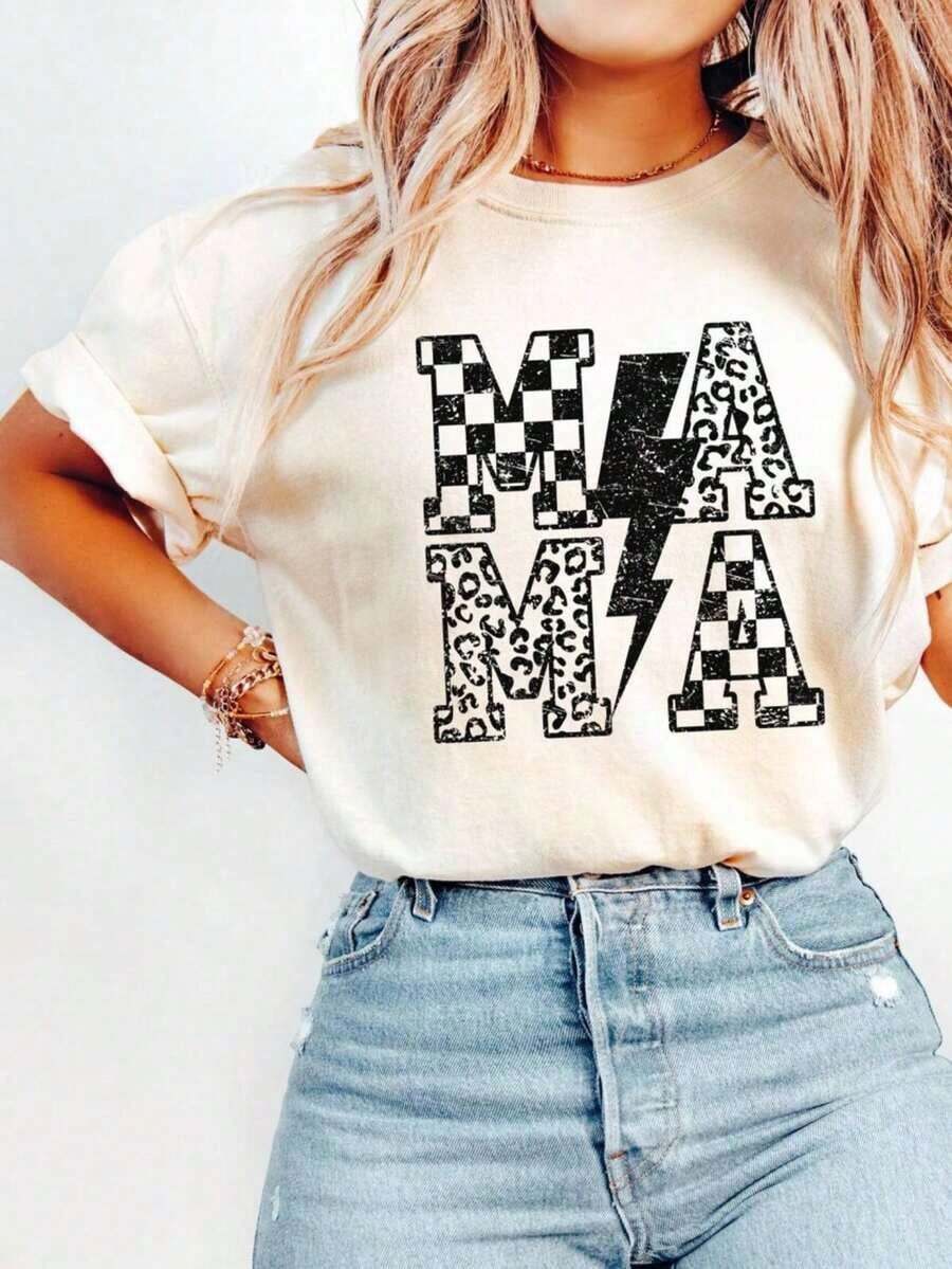 1 Piece Women's Graphic Print T-Shirt, College Style T-Shirt For Mom, Plaid T-Shirt For Mom, Mother's Day Gift, Lightning Bolt Print Sweatshirt For Mom, Mother's Day T-Shirt Gifts For Mom's Birthday, Casual Short Sleeve Crew Neck T-Shirt For Women, 1 Piece Fashion Shirt, Gift For Mom, Thanksgiving Gift, 180g 100% Cotton, All Patterns Are Printed. Unisex. - 白色 001 - 查看 1