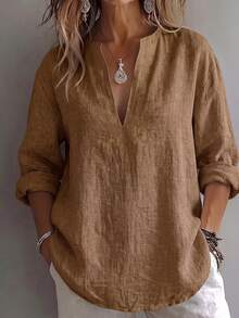 Women's Fashionable Elegant Casual Loose Solid Color Top, Suitable For All Seasons Spring - Coffee Brown - View 5
