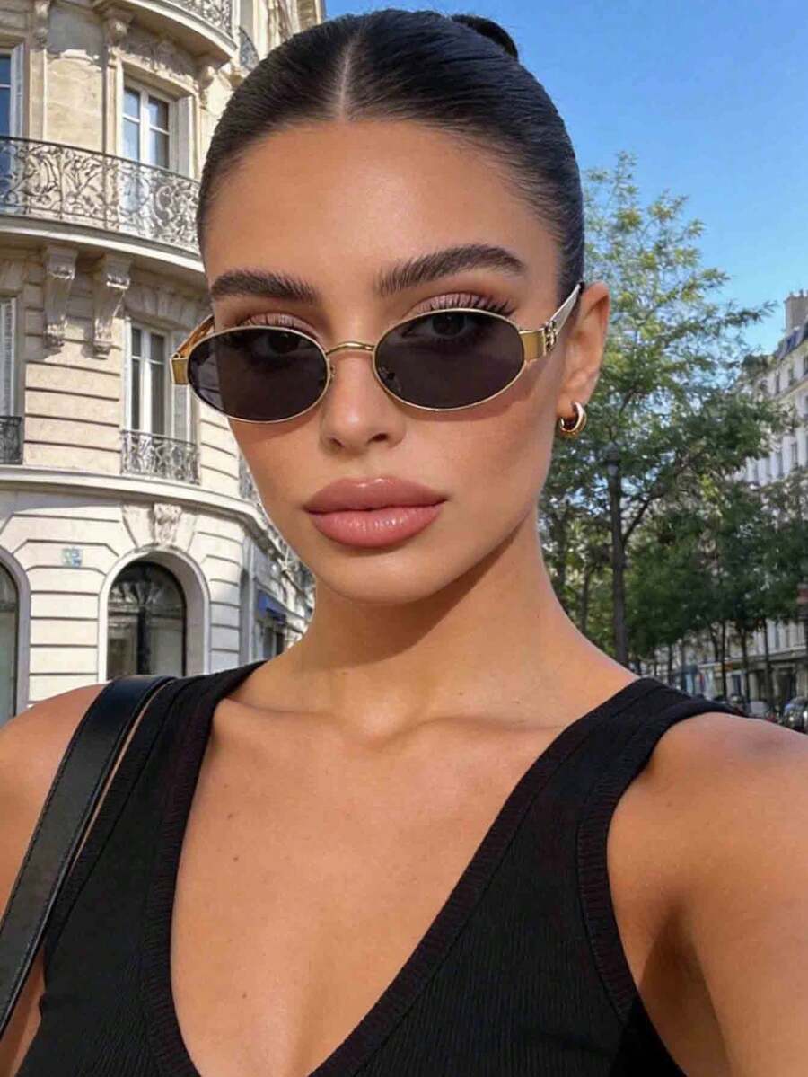 1 Pair Retro Metal Full-Rim Women's Fashion Glasses, Summer Beach Holiday Accessory, Outdoor Travel Casual Stylish Glasses - Black and Gray Film - View 1