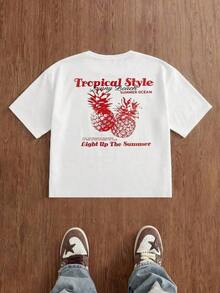 SWAVVY Men's Casual Short Sleeve Crew Neck T-Shirt With Letter And Pineapple Print, Men's Crew Neck Printed T-Shirt, Urban Style, White And Red Graphic T-Shirts For Men, Japanese Urban Style Graphic T-Shirt. - 白色 - 查看 9