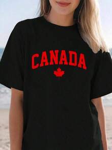 Ropa de Verano 100% Algodón, Camiseta con Hoja de Arce y Bandera Canadiense para el Día de Canadá, Great White North, Conjuntos de Verano para Mujer - Negro - Ver 7