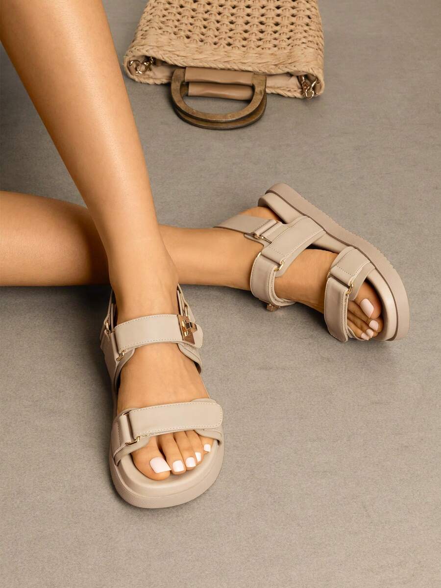 Women's Comfortable Open Toe Flat Sandals Fashion One Band Summer Dessy Sandals - 杏色 - 查看 1