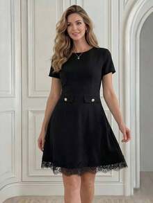 Vestido mini elegante y chic de mujer con unicolor, decoración de botones y encaje en la cintura, para el verano - Negro - Ver 5